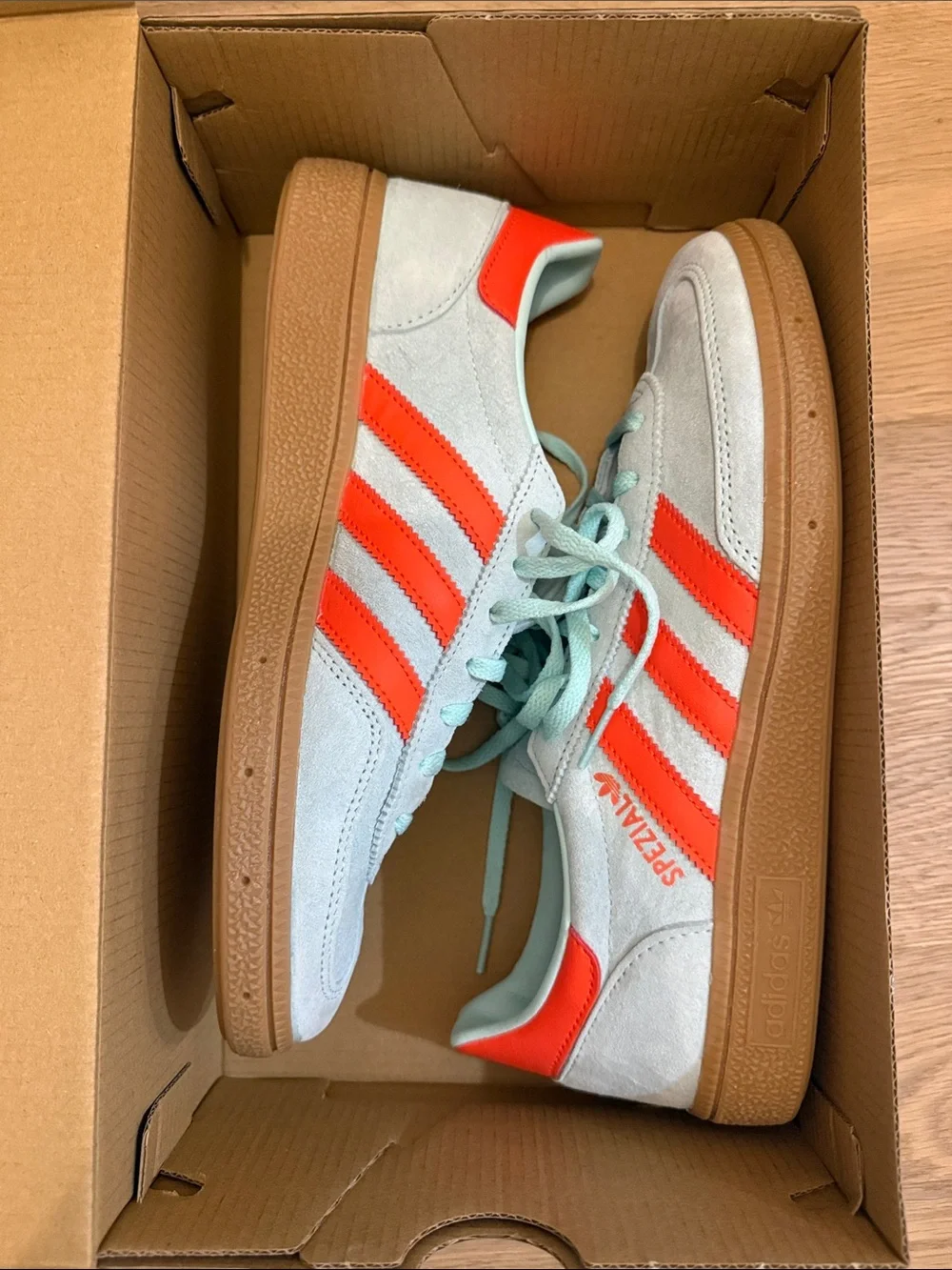 Adidas Originals Handball Spezial Sneakers in Aqua and Orange with Gum Sole